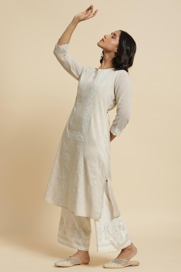 Grey Embroidered Kurta & Parallel Pants Set