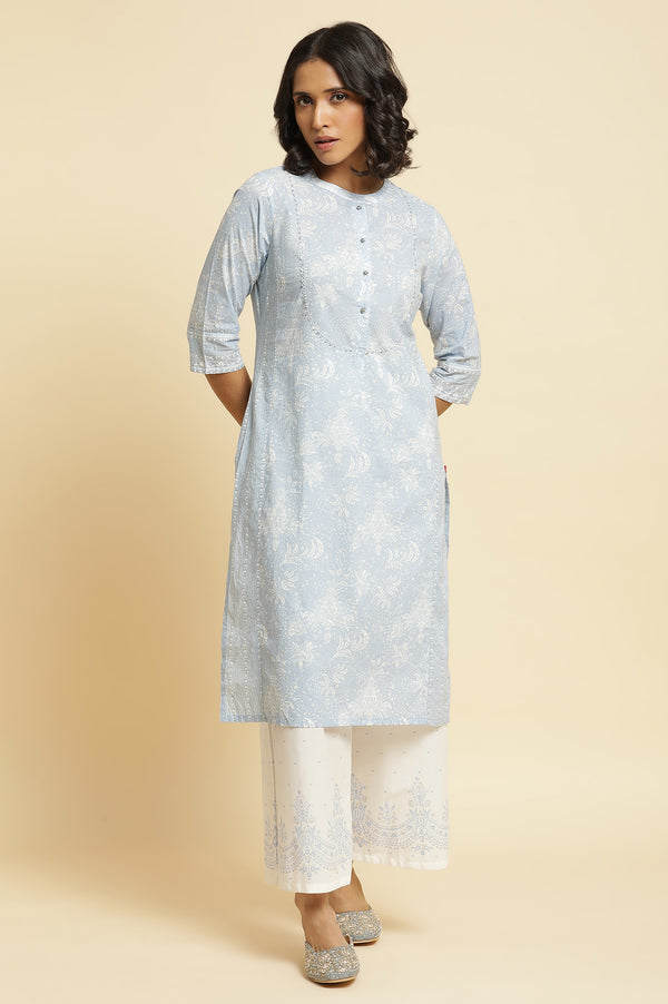Blue Printed Kurta & Parallel Pants Set
