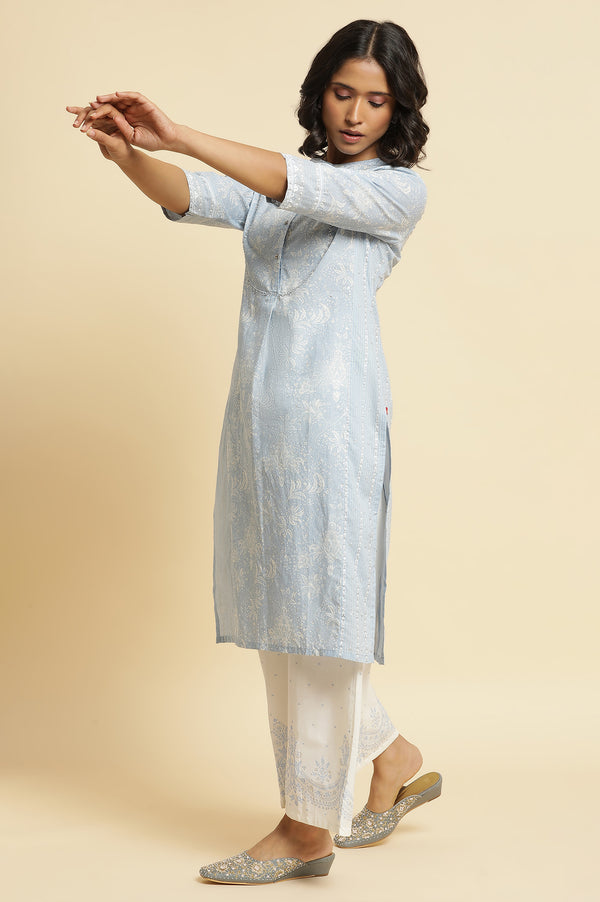 Blue Printed Kurta & Parallel Pants Set