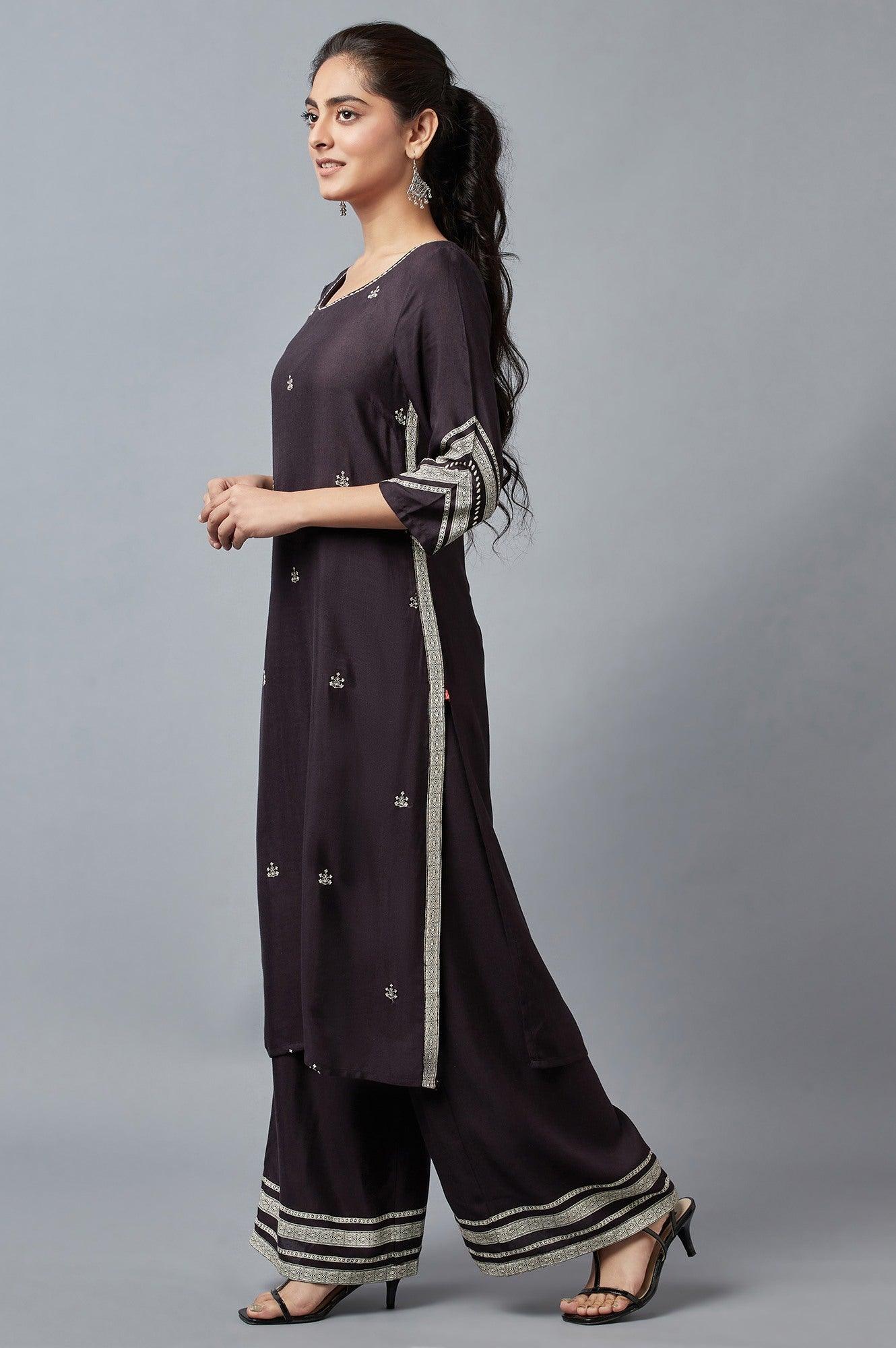 Black Embroidered kurta with Parallel Pants - wforwoman