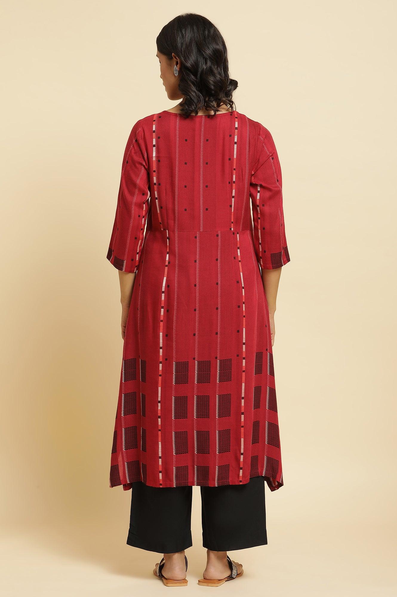 Tango Red Dobby Kurta &amp; Parallel Pants Set - wforwoman