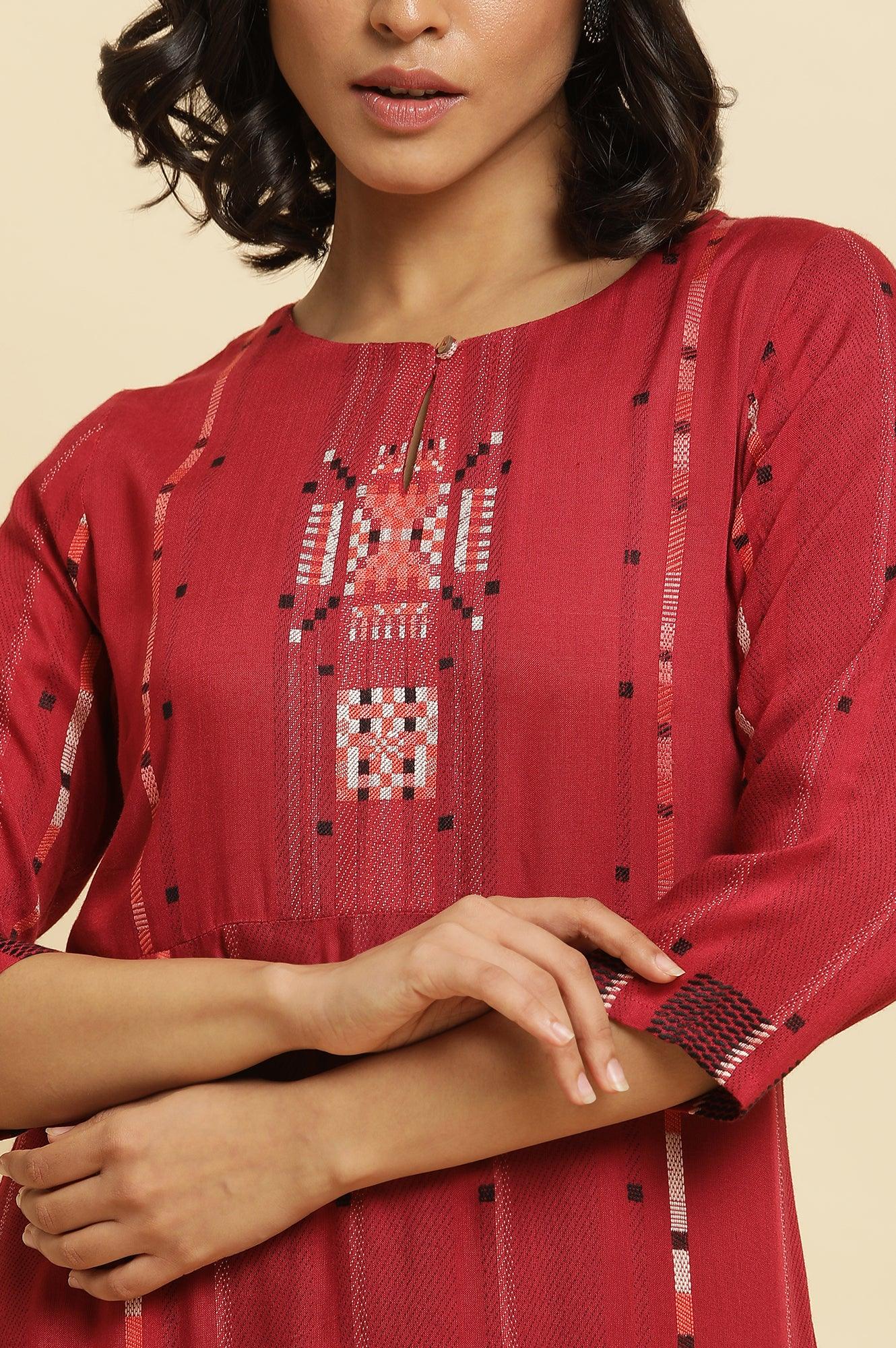 Tango Red Dobby Kurta &amp; Parallel Pants Set - wforwoman