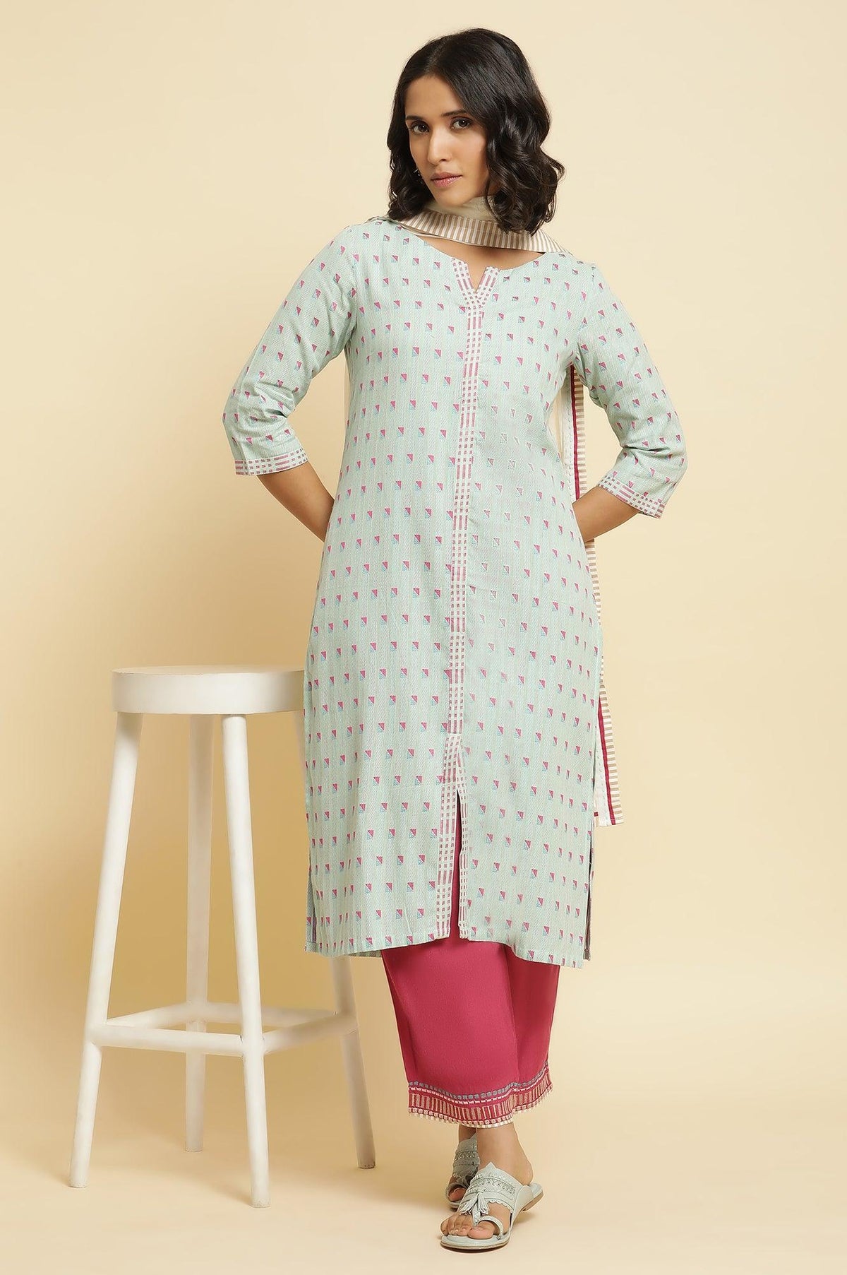 Light Blue Printed Kurta, Parallel Pants & Dupatta - XS