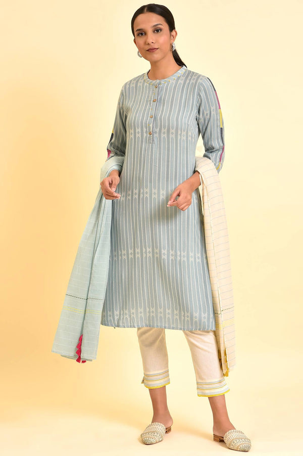 Light Yarn-Dyed Kurta, Pants And Dupatta Set
