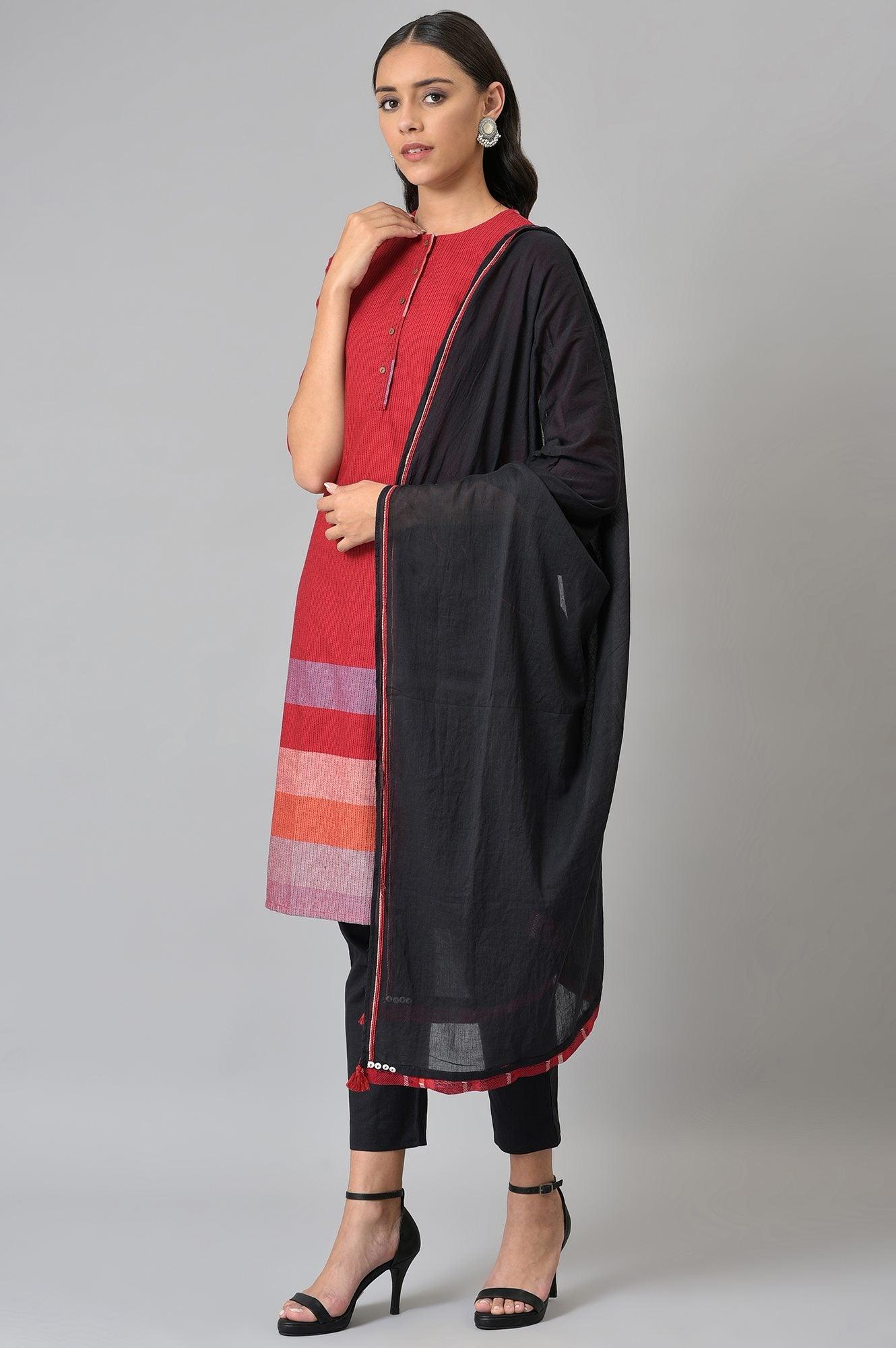 Red Dobby kurta In Round Neck With Black Slim Pants And Dupatta - wforwoman