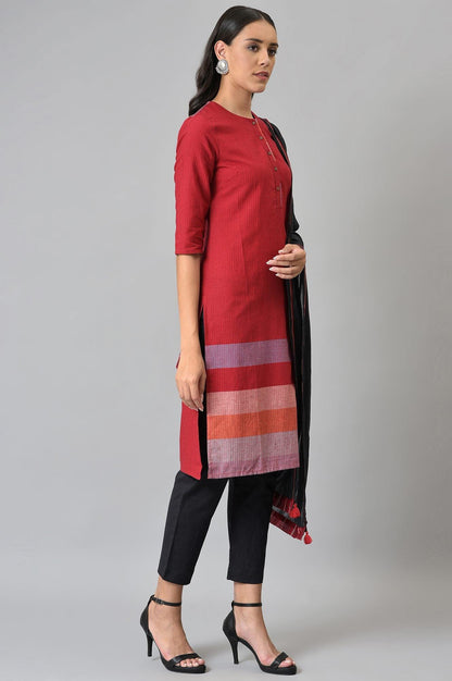 Red Dobby kurta In Round Neck With Black Slim Pants And Dupatta - wforwoman