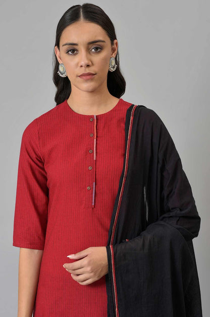 Red Dobby kurta In Round Neck With Black Slim Pants And Dupatta - wforwoman