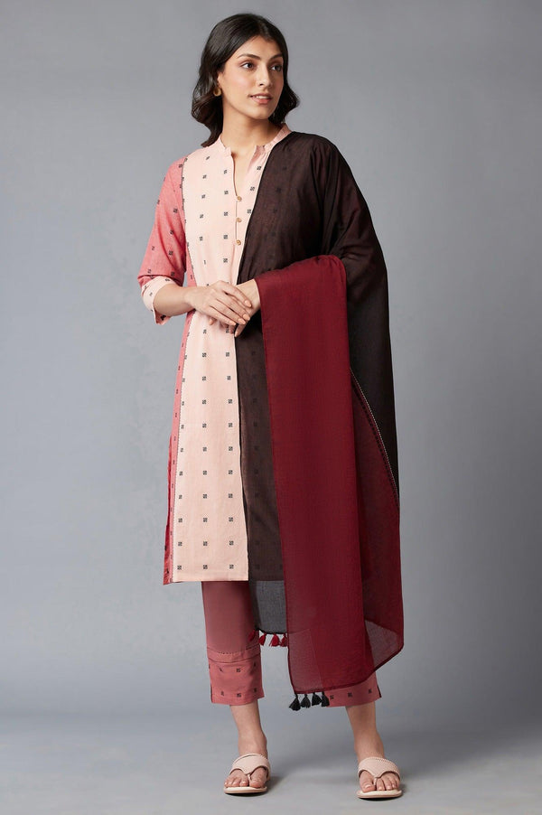 Light Red Dobby Collared-V kurta With Black Slim Pants And Dupatta