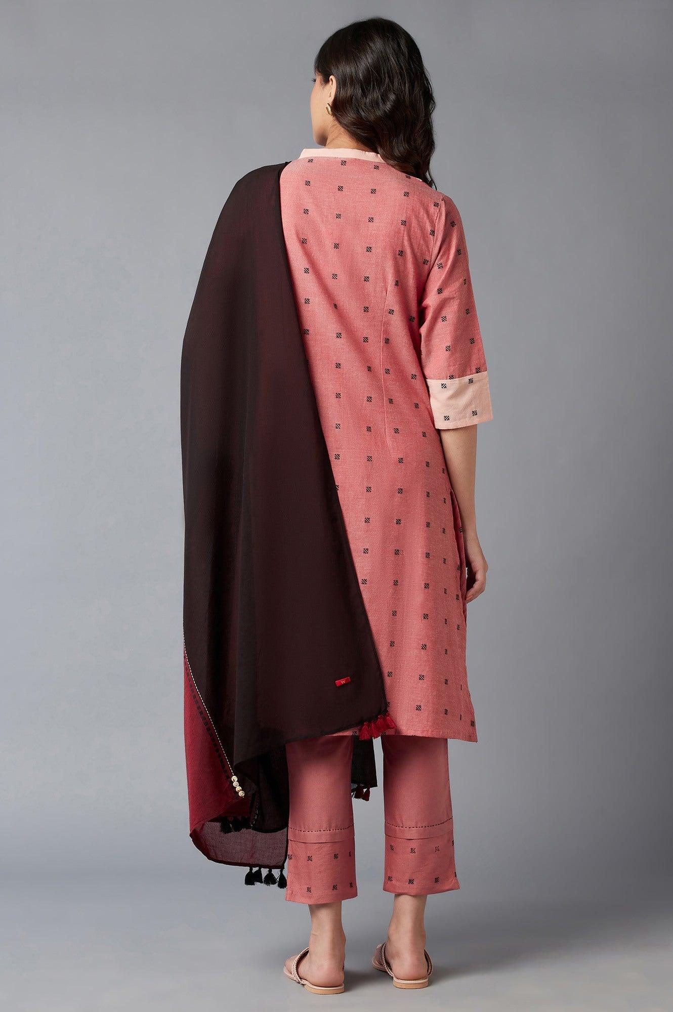 Light Red Dobby Collared-V kurta With Black Slim Pants And Dupatta - wforwoman