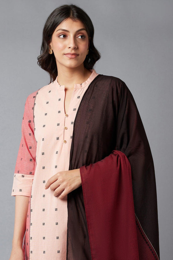 Light Red Dobby Collared-V kurta With Black Slim Pants And Dupatta
