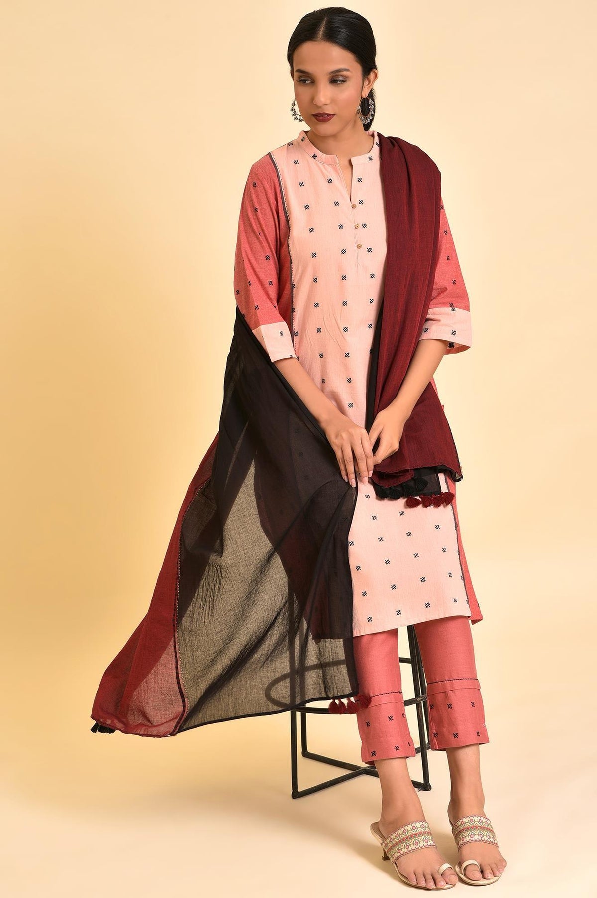 Light Red Chawal Taka Kurta, Pants And Dupatta - XS