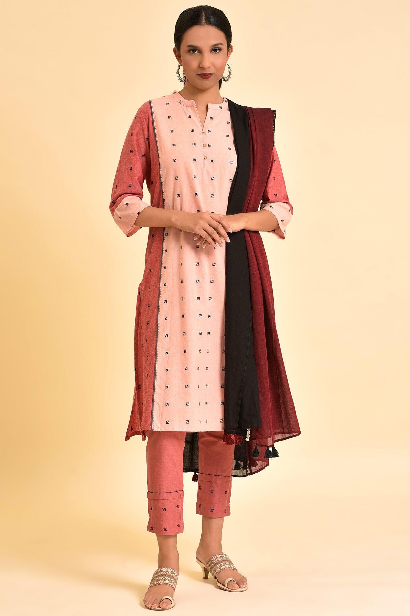 Light Red Chawal Taka Kurta, Pants And Dupatta - wforwoman