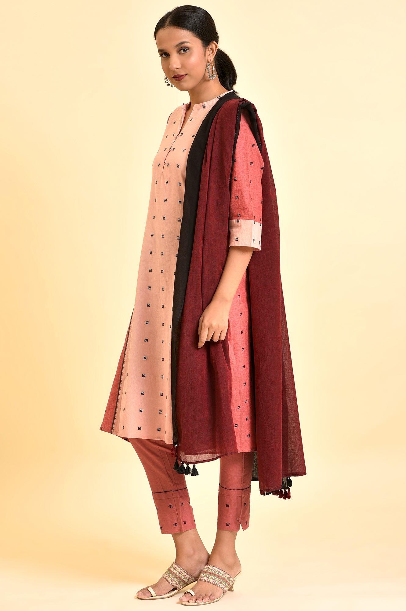 Light Red Chawal Taka Kurta, Pants And Dupatta - wforwoman