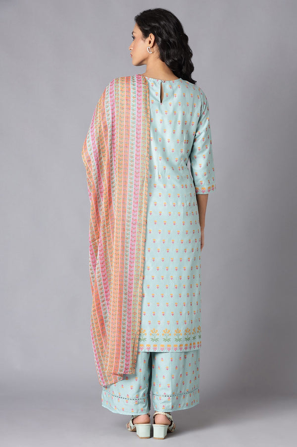Aqua Blue Embroidered kurta In Round Neck With Parallel Pants And Chiffon Dupatta