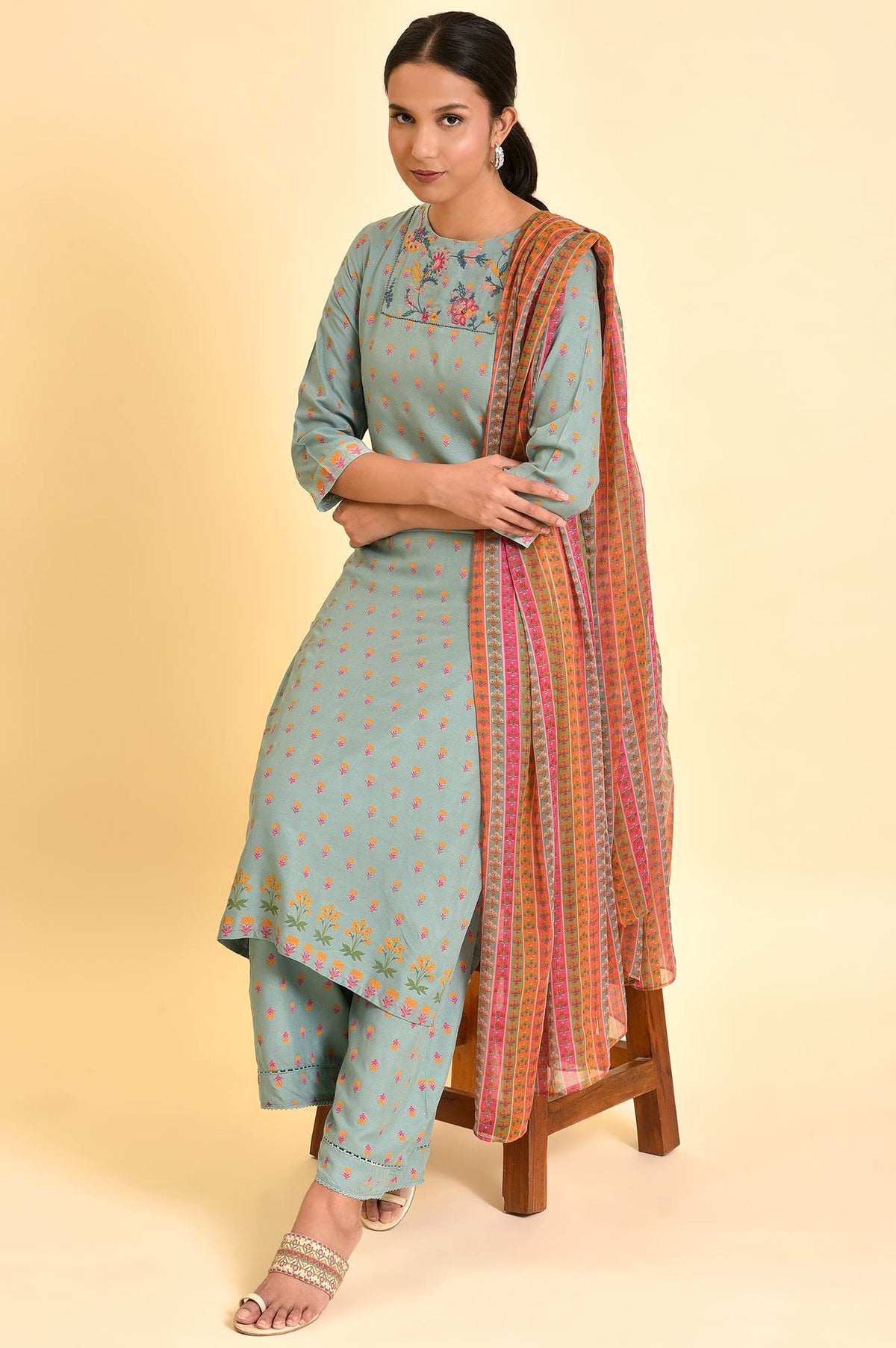Blue Embroidered Kurta, Parallel Pants & Dupatta Set - XS