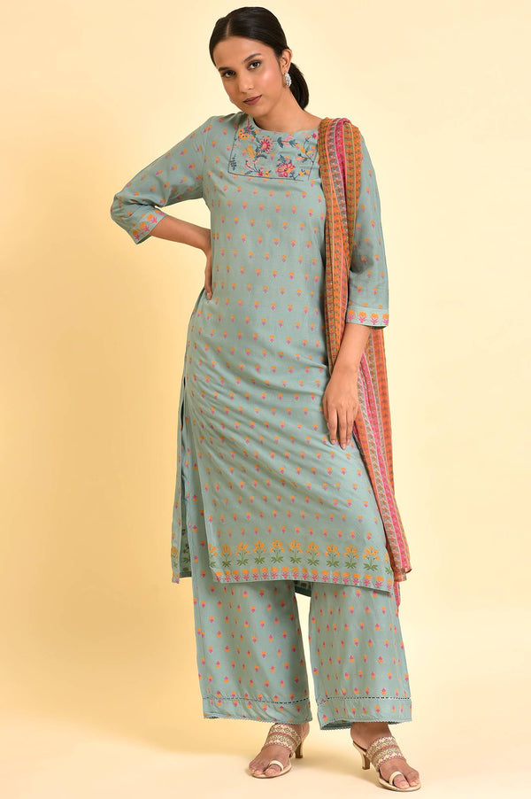 Blue Embroidered Kurta, Parallel Pants & Dupatta Set