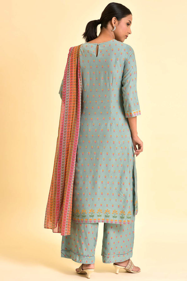 Blue Embroidered Kurta, Parallel Pants & Dupatta Set