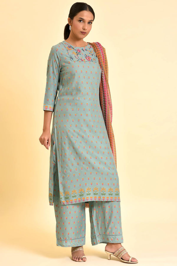 Blue Embroidered Kurta, Parallel Pants & Dupatta Set