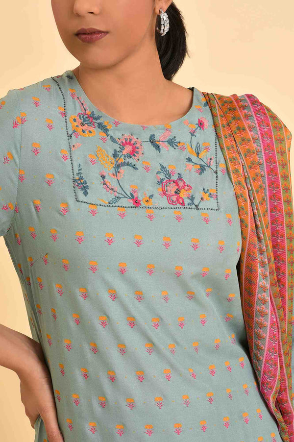 Blue Embroidered Kurta, Parallel Pants & Dupatta Set