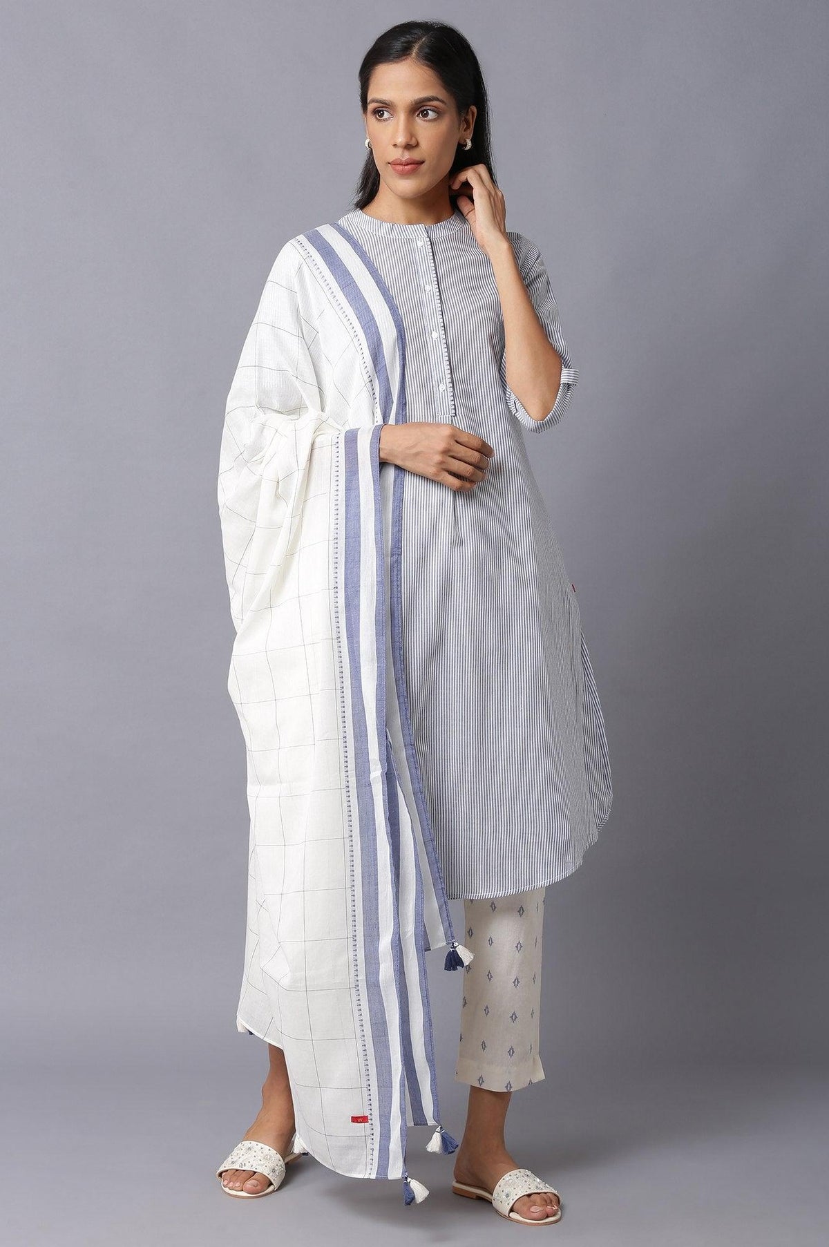 Dark Chambray Blue, Ecru Stripe Slim Pants And Dupatta Set - XS