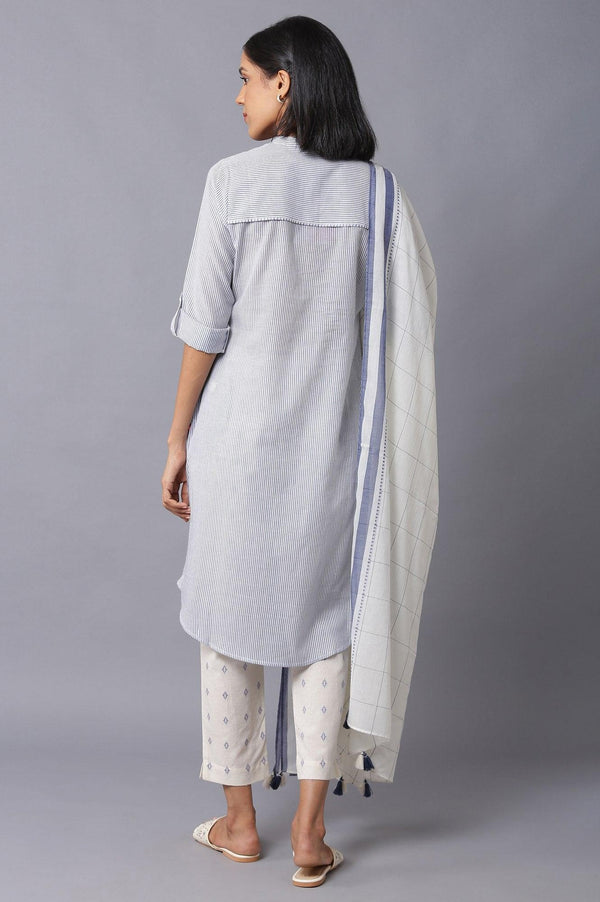 Dark Chambray Blue, Ecru Stripe Slim Pants And Dupatta Set