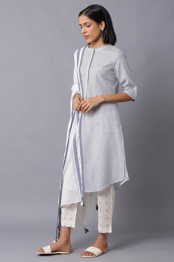 Dark Chambray Blue, Ecru Stripe Slim Pants And Dupatta Set