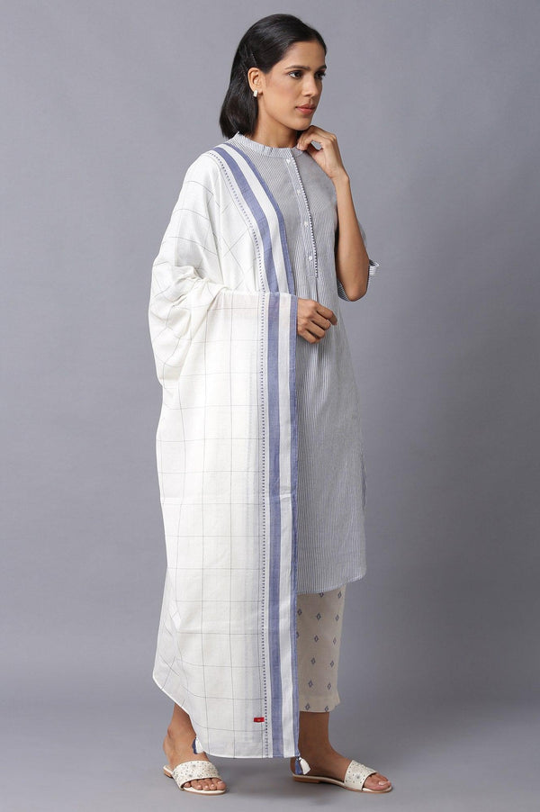 Dark Chambray Blue, Ecru Stripe Slim Pants And Dupatta Set