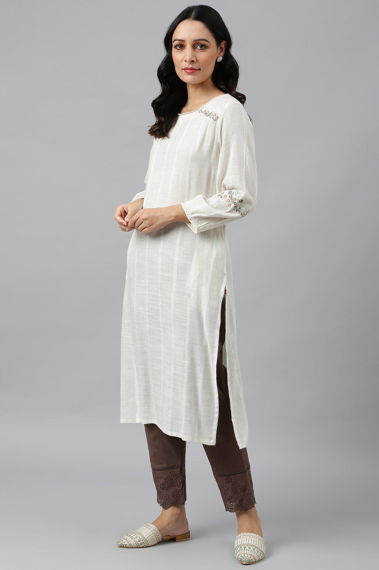 Dark Brown Embroidered kurta And Schiffli Slim Pants - wforwoman