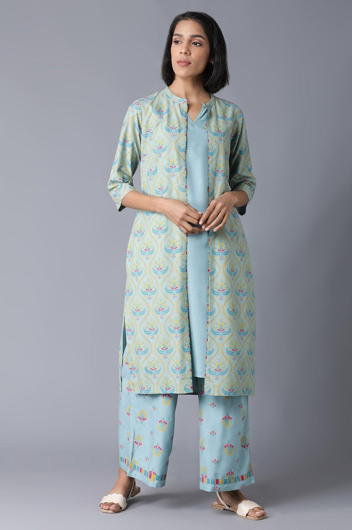 Blue Sleeveless kurta, Jacket and Parallel Pants Set - XS