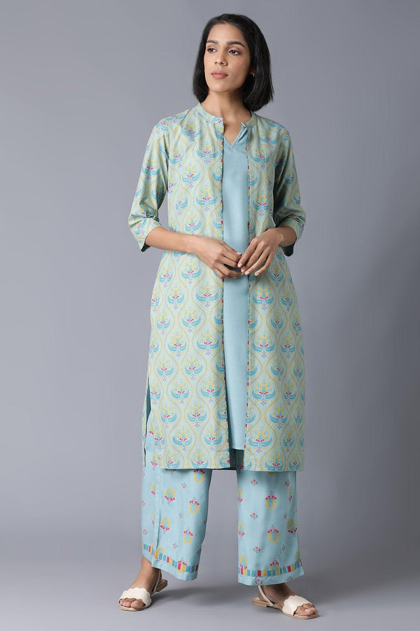 Blue Sleeveless kurta, Jacket and Parallel Pants Set