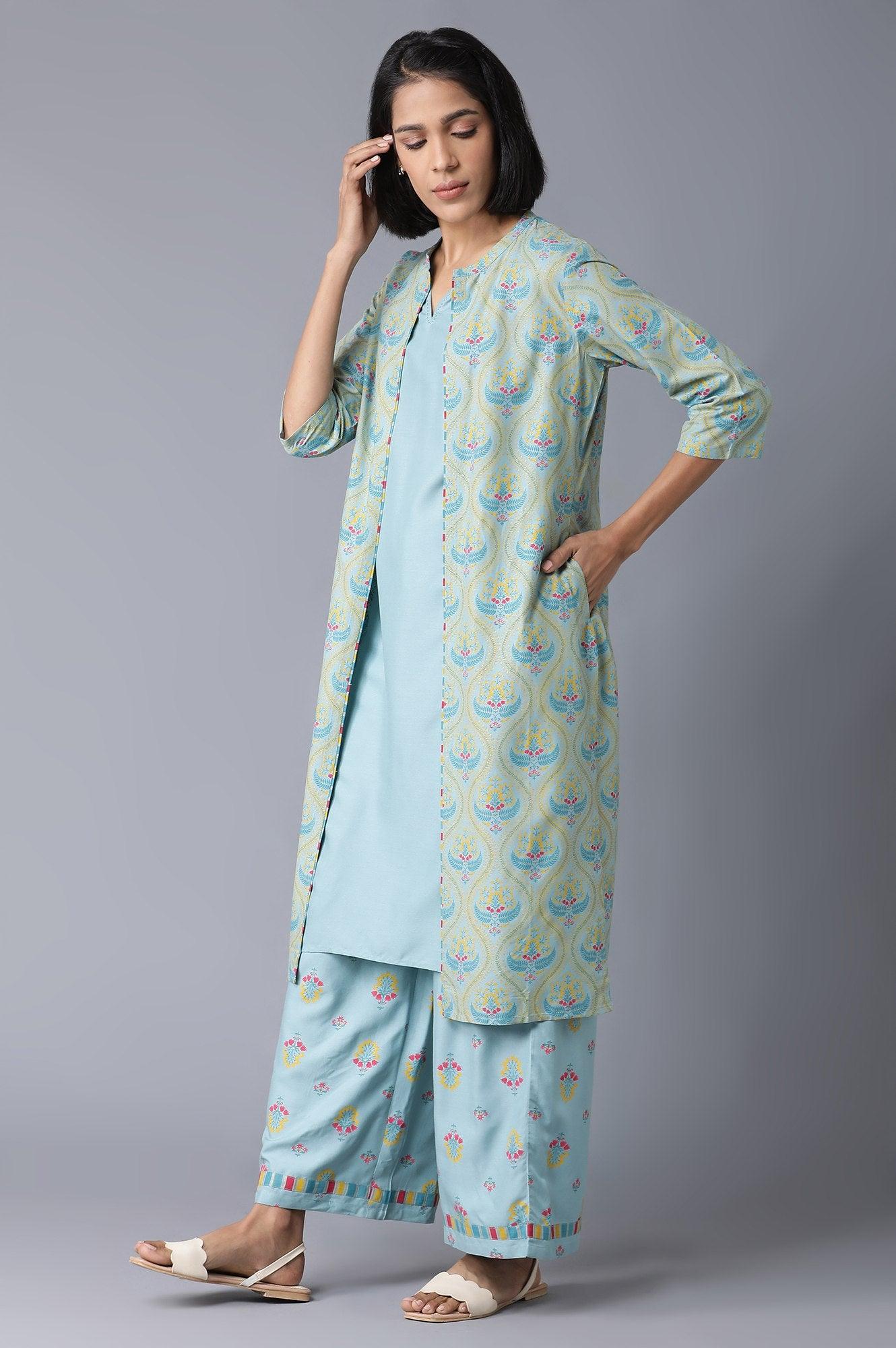 Blue Sleeveless kurta, Jacket and Parallel Pants Set - wforwoman