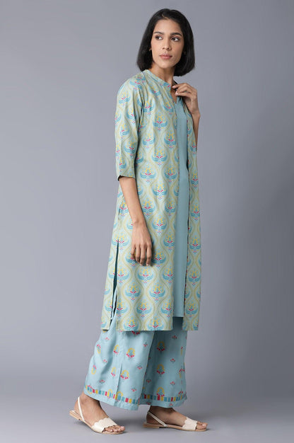 Blue Sleeveless kurta, Jacket and Parallel Pants Set - wforwoman