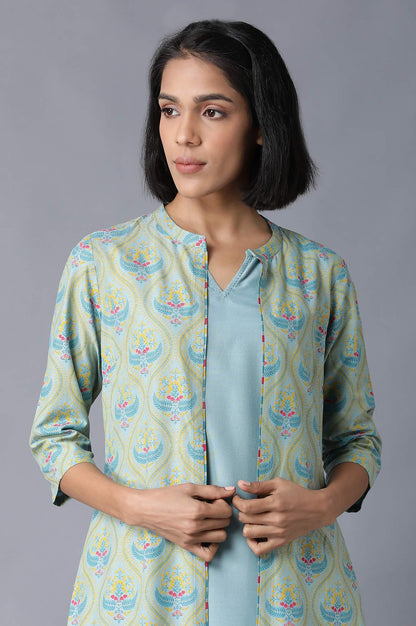 Blue Sleeveless kurta, Jacket and Parallel Pants Set - wforwoman