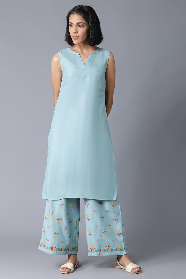 Blue Sleeveless kurta, Jacket and Parallel Pants Set