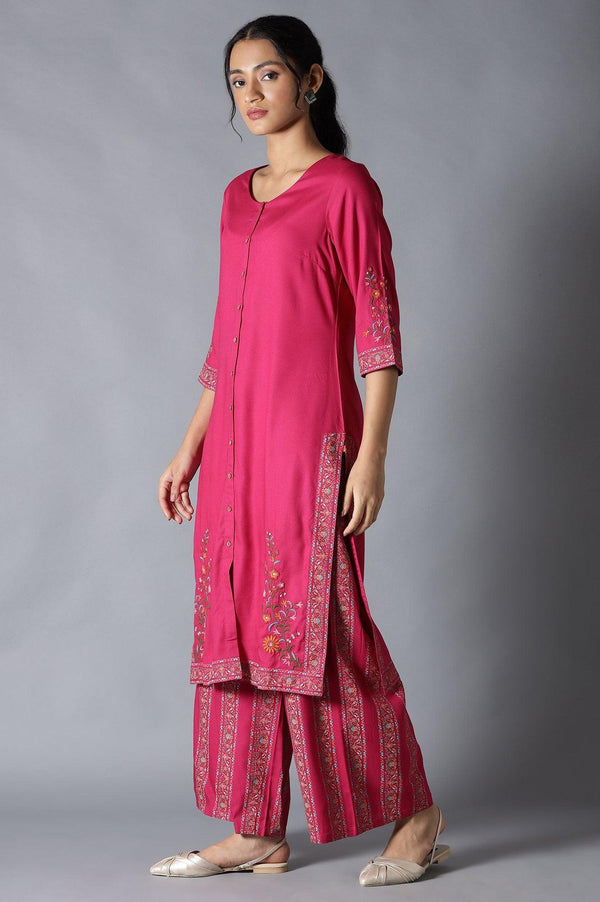 Fuchsia Pink Embroidered kurta And Parallel Pants Set