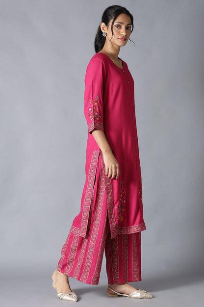 Fuchsia Pink Embroidered kurta And Parallel Pants Set - wforwoman