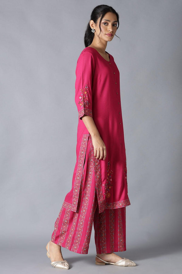 Fuchsia Pink Embroidered kurta And Parallel Pants Set