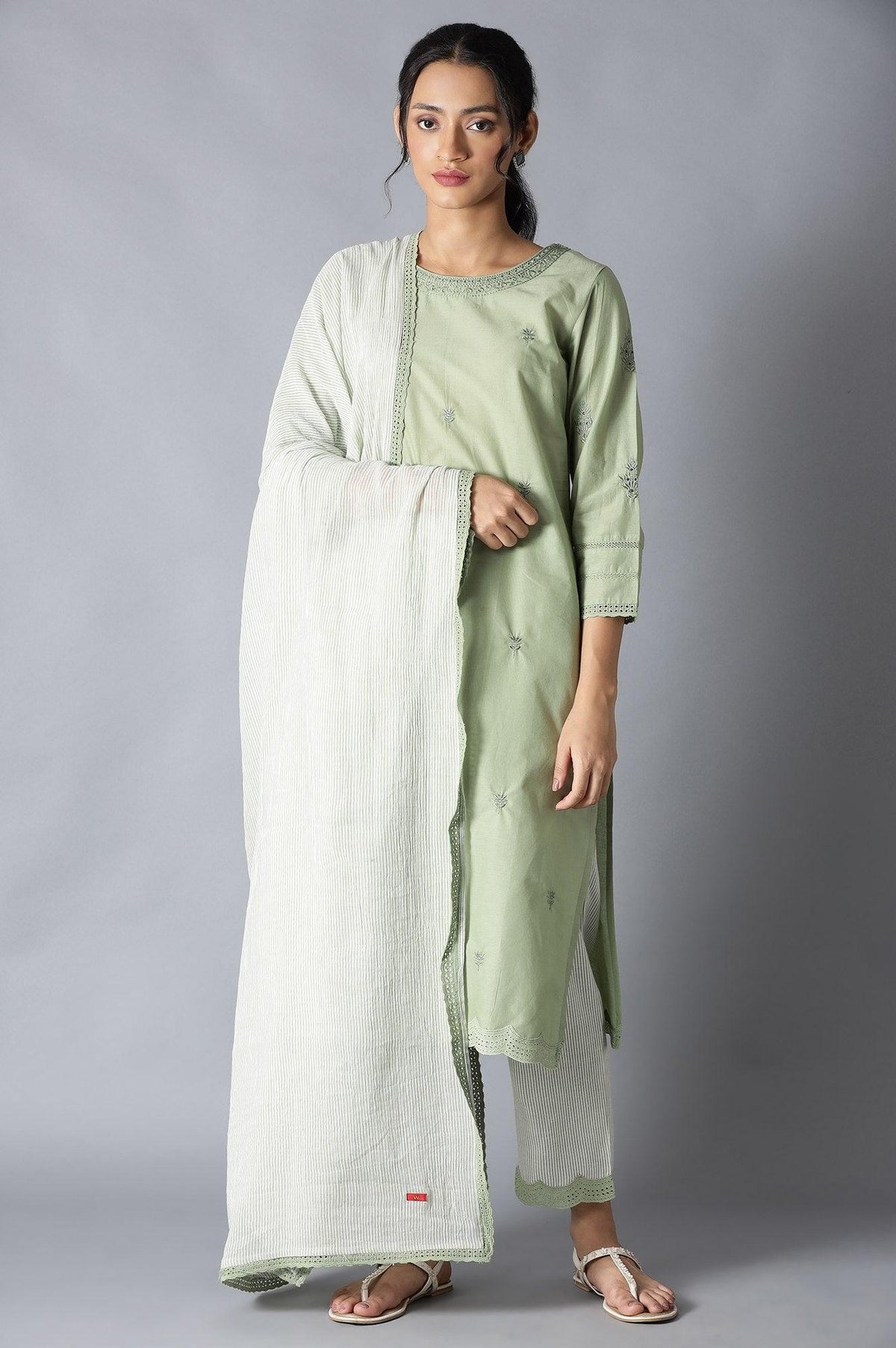Sage Green kurta, Ecru Pants And Dupatta Set - XS