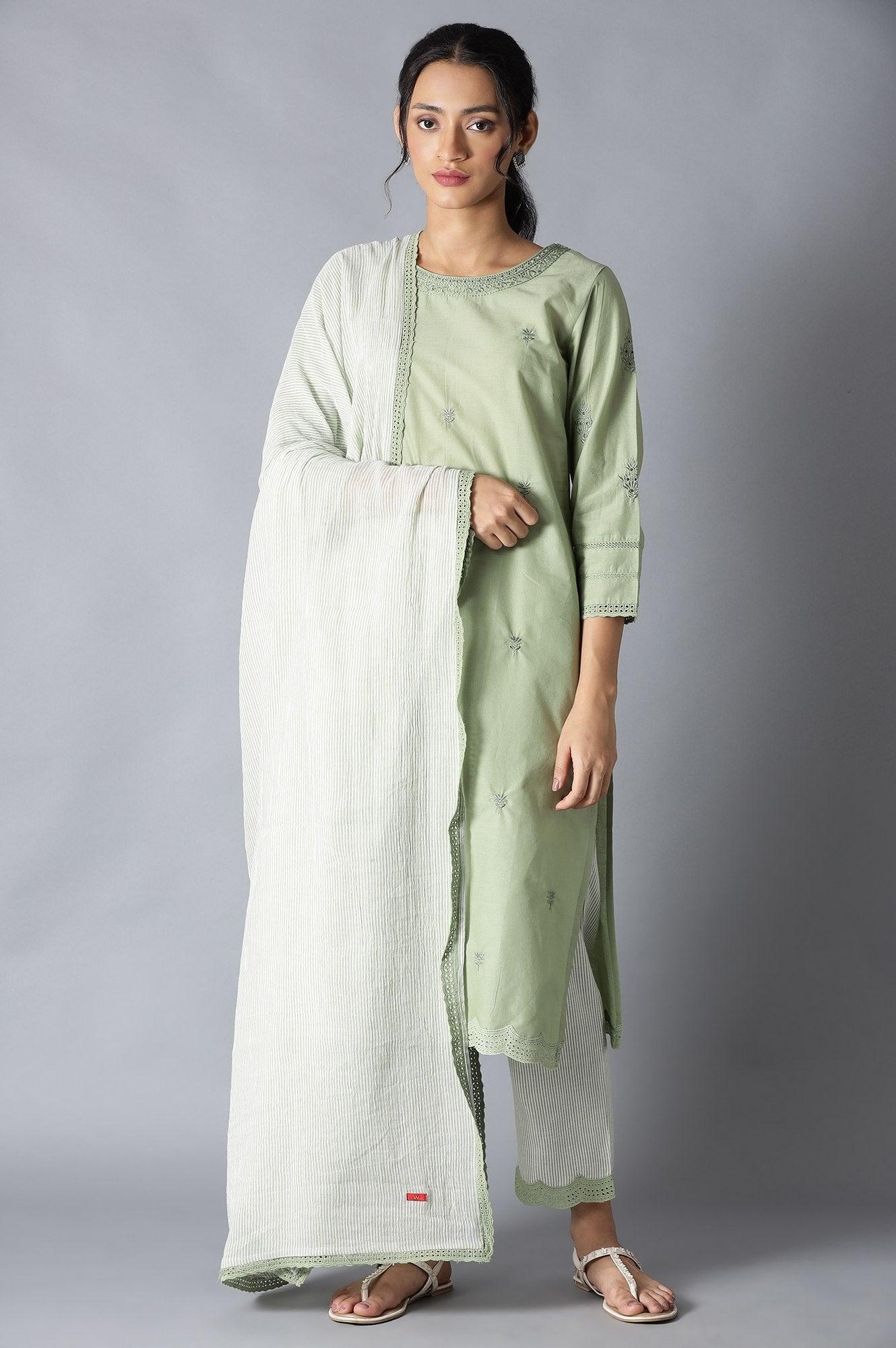 Sage Green kurta, Ecru Pants And Dupatta Set - wforwoman