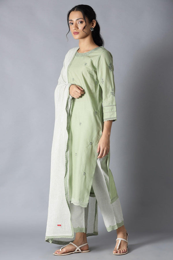 Sage Green kurta, Ecru Pants And Dupatta Set