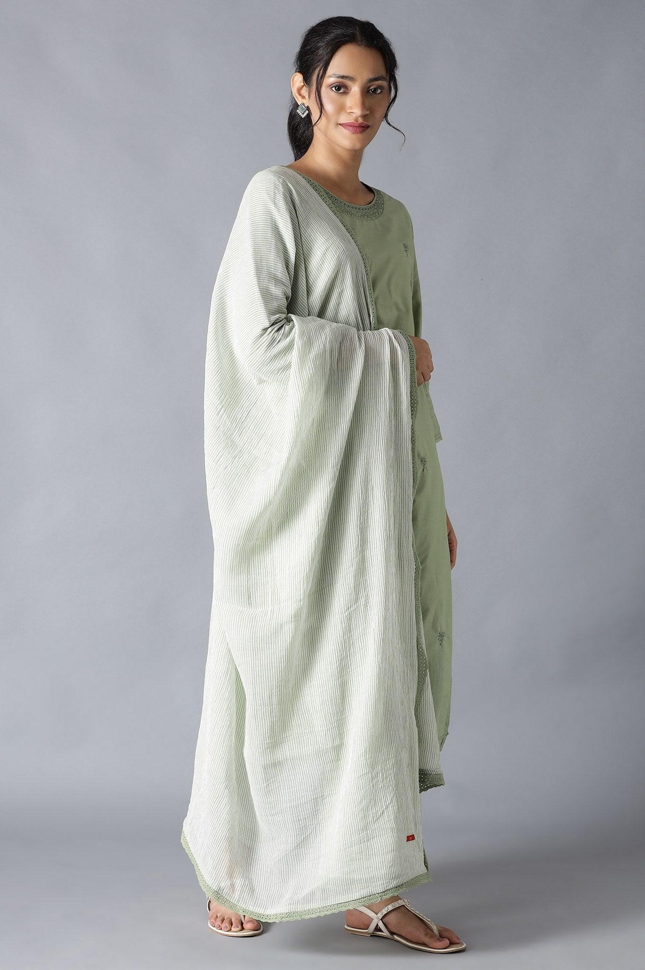 Sage Green kurta, Ecru Pants And Dupatta Set - wforwoman