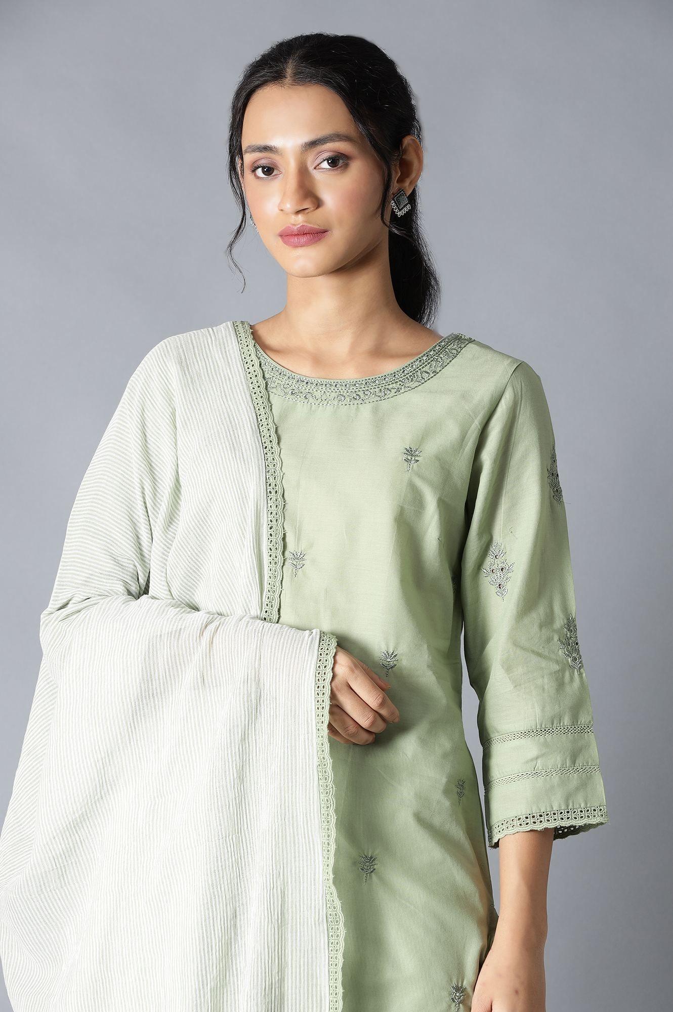 Sage Green kurta, Ecru Pants And Dupatta Set - wforwoman