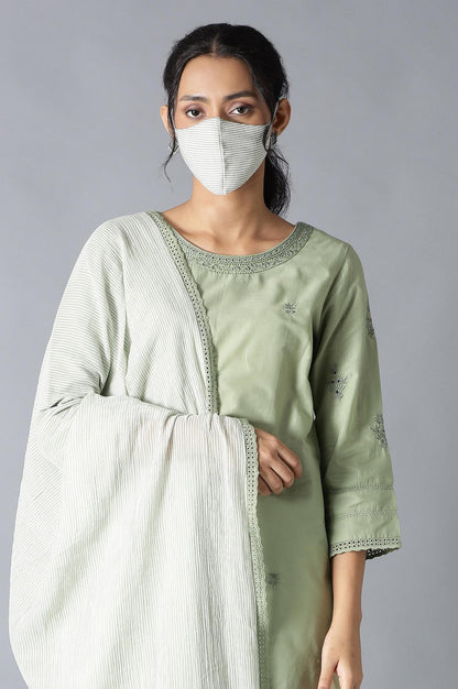 Sage Green kurta, Ecru Pants And Dupatta Set - wforwoman