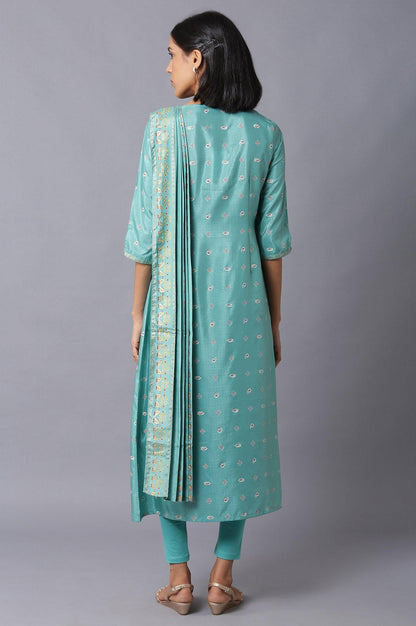 Green Printed Draped A-Line kurta With Tights - wforwoman