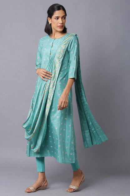 Green Printed Draped A-Line kurta With Tights - wforwoman