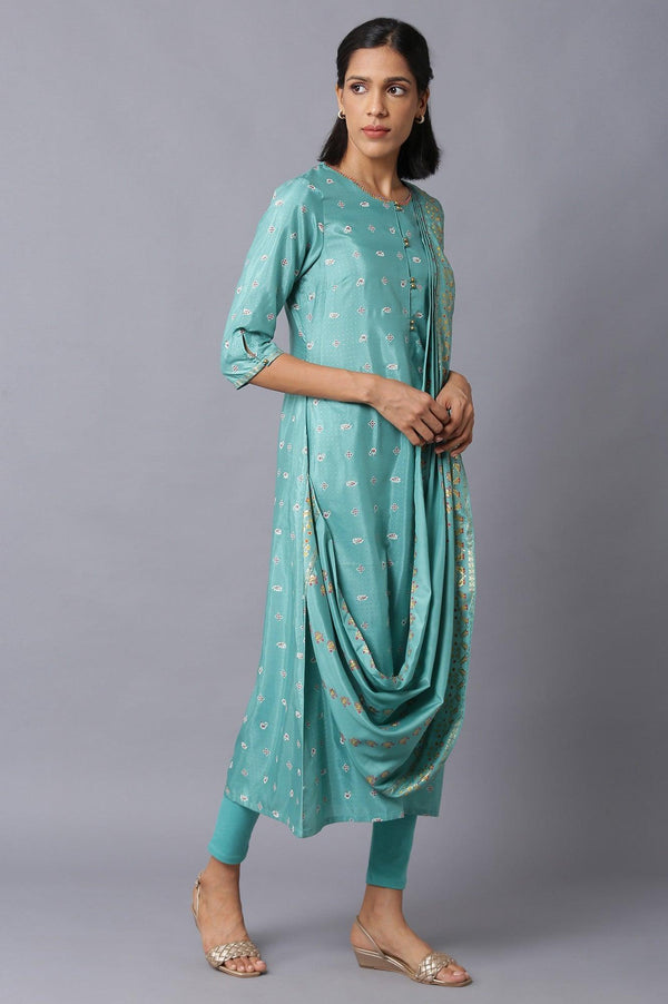 Green Printed Draped A-Line kurta With Tights