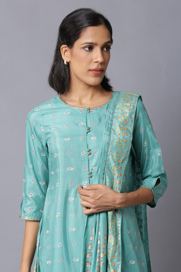 Green Printed Draped A-Line kurta With Tights