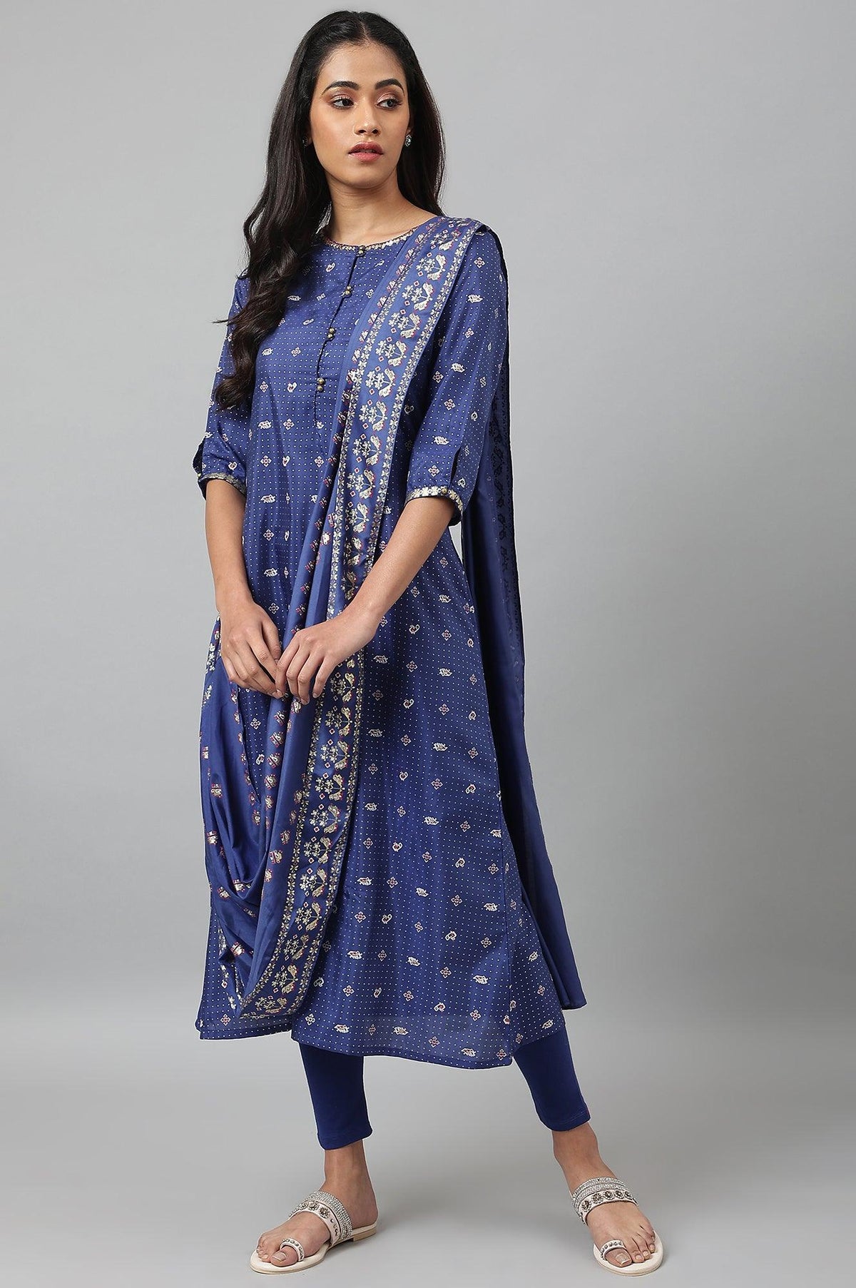 Navy Blue Printed Draped A-Line kurta With Tights - XS