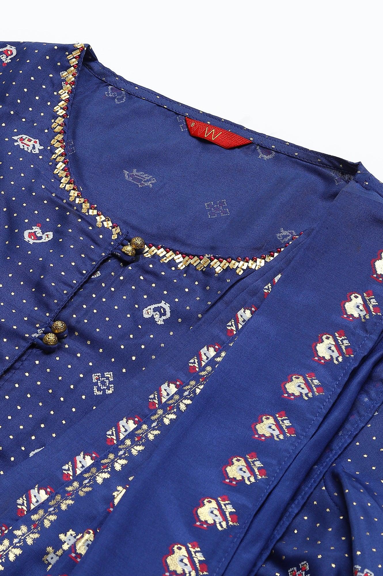 Navy Blue Printed Draped A-Line kurta With Tights - wforwoman