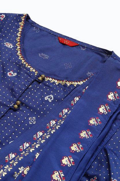 Navy Blue Printed Draped A-Line kurta With Tights - wforwoman